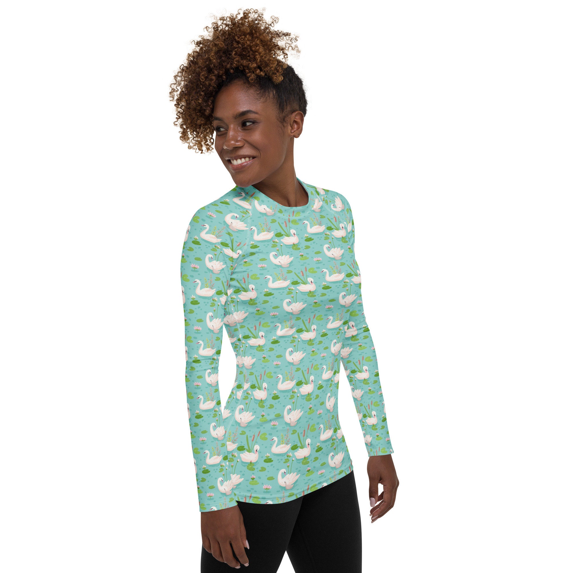 Pattern Rash Guard Pastel Swan Birds Printed Rash Guard, Comfy Animal Pattern Rash Guard ...