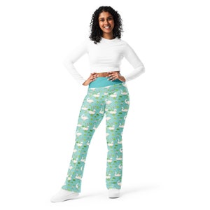 Pastel Swans Printed High-Waist Flare Legging Pants for Women, All Over Print Plus Size Colorful Birds Yoga Leggings, Nature Gifts for Her