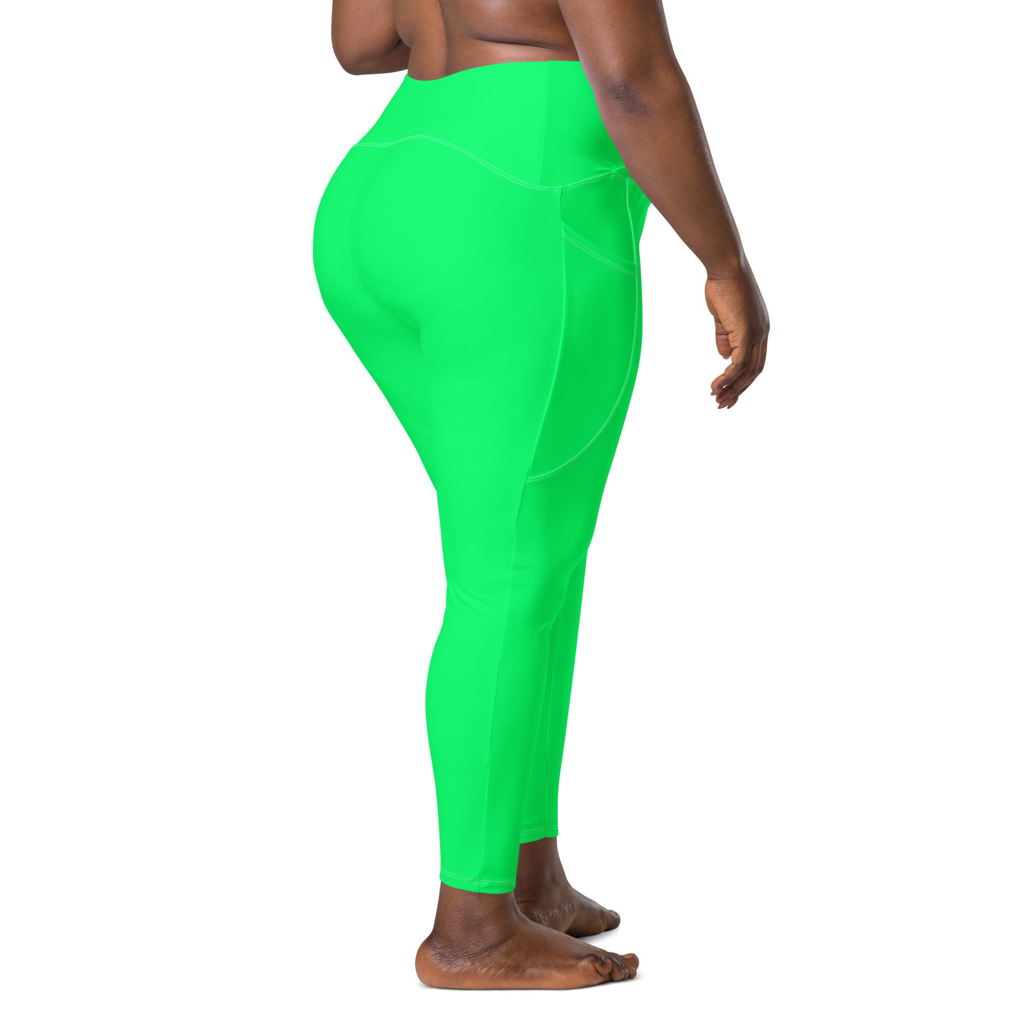 Neon Green Leggings, Solid Bright Lime Green Plus Size High Waist