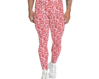 Love Hearts Printed Mens Leggings, All Over Print Gym Running Exercise Leggings, Yoga Workout Fitness Pants, Valentine's Day Gift for Him