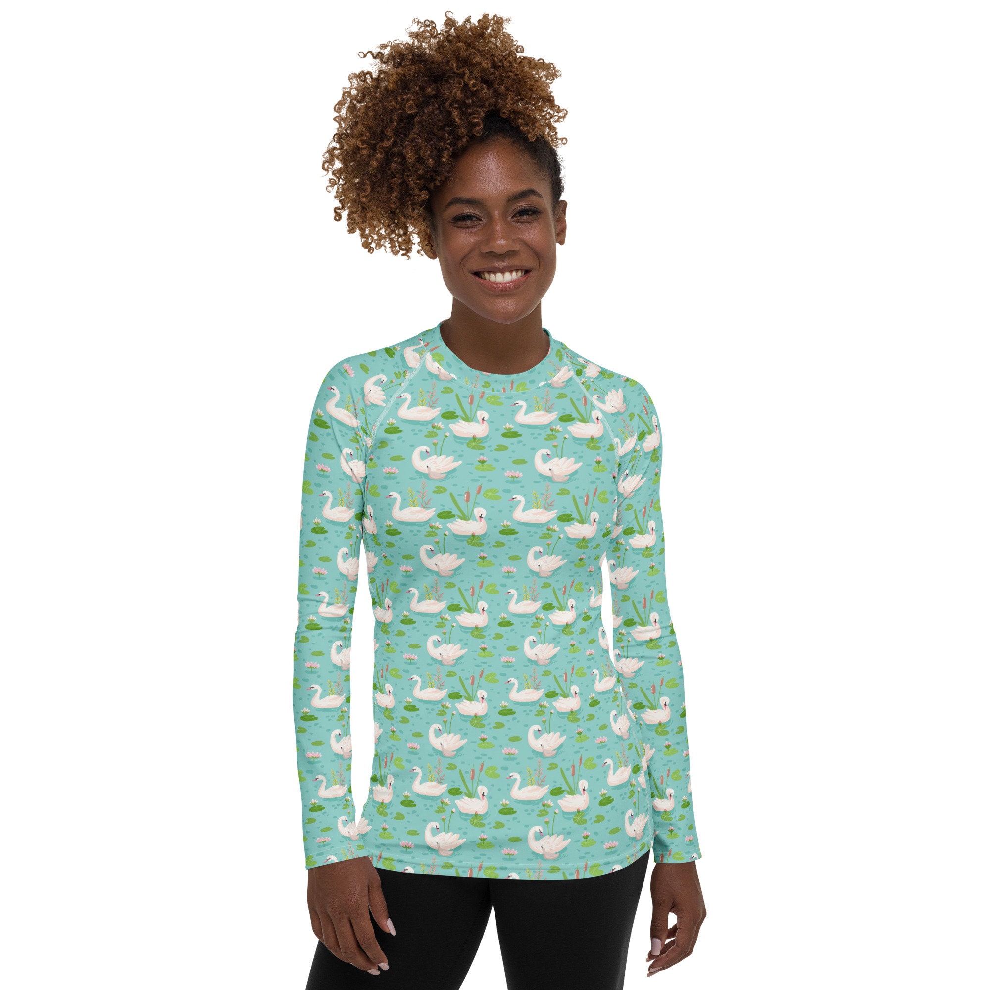 Pastel Swan Birds Printed Rash Guard, Comfy Animal Pattern Rash Guard ...