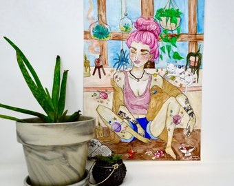 Witch girl watercolor painting print, portrait, art print, print titled “Just Witchy Things”.