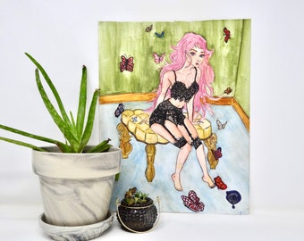 Butterfly girl watercolor painting print, portrait print, lingerie, print titled “The Butterfly Room”.