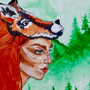 Fox girl watercolor painting print, portrait print, fox, print titled Wildlings. image 2