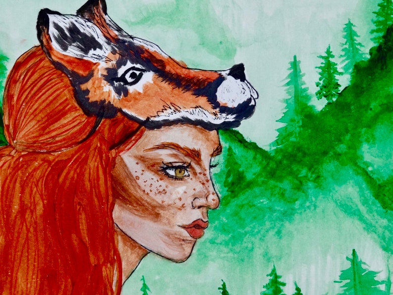 Fox girl watercolor painting print, portrait print, fox, print titled Wildlings. image 2