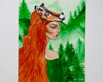 Fox girl watercolor painting print, portrait print, fox, print titled “Wildlings”.