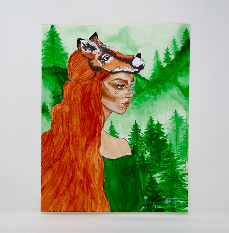 Fox girl watercolor painting print, portrait print, fox, print titled Wildlings. image 1