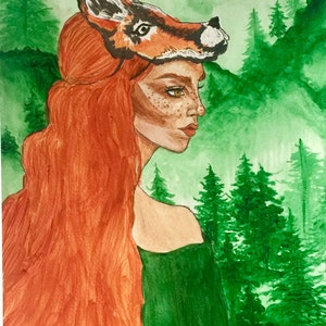 Fox girl watercolor painting print, portrait print, fox, print titled Wildlings. image 3