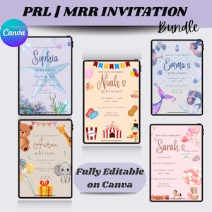 Puede incluir: Un conjunto de invitaciones digitales de cumpleaños, cada una con un diseño único. Los temas incluyen sirenas, circo y animales. Las invitaciones son totalmente editables en Canva e incluyen detalles del evento.