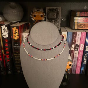 Across The Spiderverse Spidergwen and Miles Morales Spider-Man inspired seed bead friendship necklaces. Gwen Stacy necklace