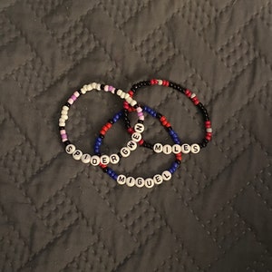 Across The Spiderverse Bracelets. Spider Gwen, Miles Morales and Miguel O’Hara inspired seed bead friendship bracelets