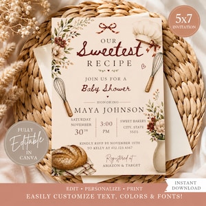 May include: A 5x7 baby shower invitation card featuring a cream background with illustrations of a chef hat, two whisks, a loaf of bread, and floral arrangements. The text reads Our Sweetest Recipe, Join Us For A Baby Shower, Honoring Maya Johnson, Saturday November 30th, 3:00 PM, Sweet Bakery City, State 55111, and registry details.