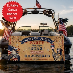 May include: A rectangular 3x6ft banner featuring a 4th of July party theme with red, white, and blue colors. The text reads 4TH OF JULY PARTY Time to get STAR Spangled HAMMERED WELCOME TO THE JOHNSONS. It depicts a bald eagle and the Statue of Liberty.