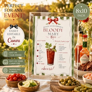 Könnte beinhalten: Ein 20x25 cm großes Hinweisschild für eine Bloody Mary Bar mit roter Schleife, grün gestreiftem Rand und Text zur Zubereitung des Getränks, inklusive Schritten, Gewürzen und Garnituren, präsentiert in einem klaren Acrylrahmen.