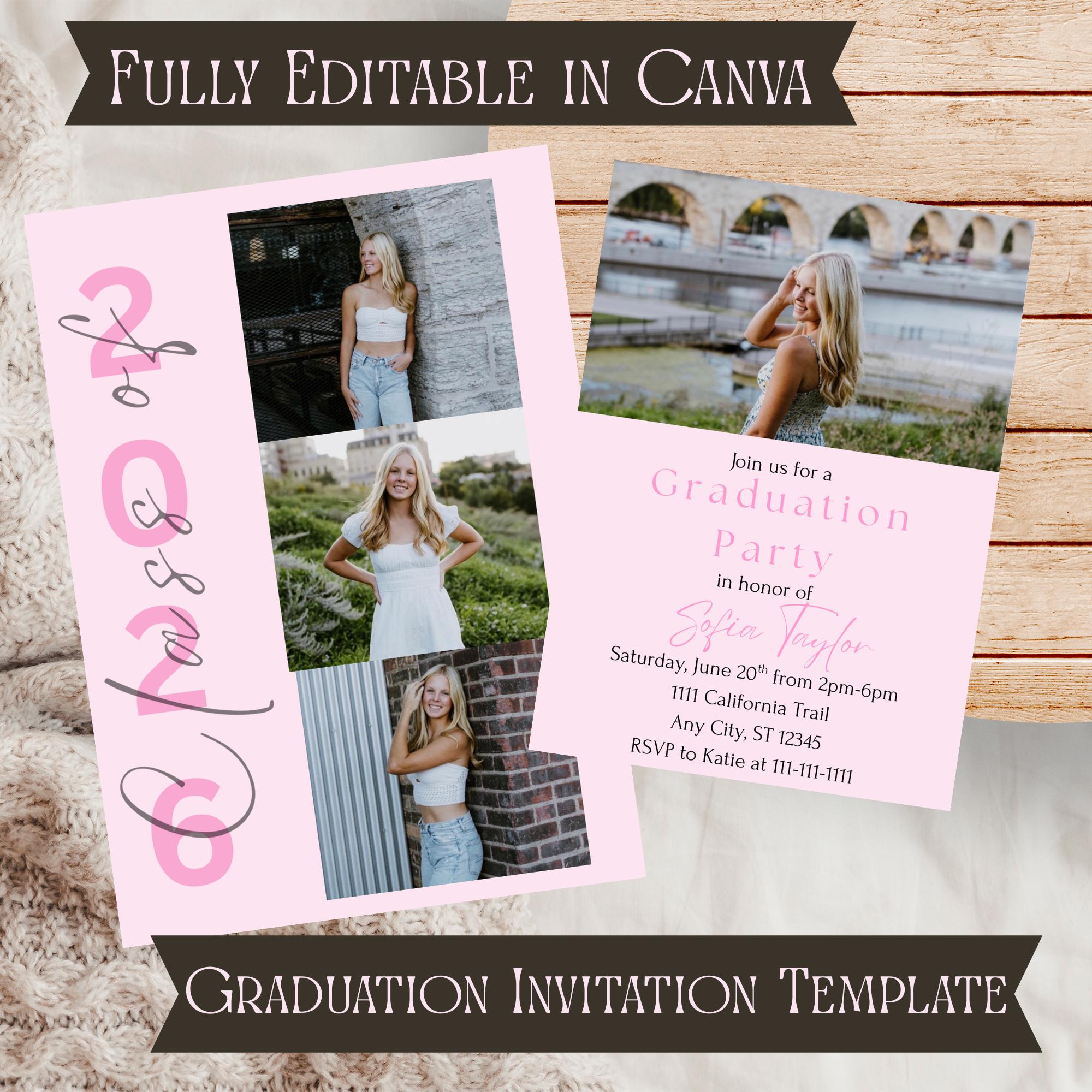 Pink Grad Invite Template Editable Pink Graduation Invitation Template, Printable Senior ...