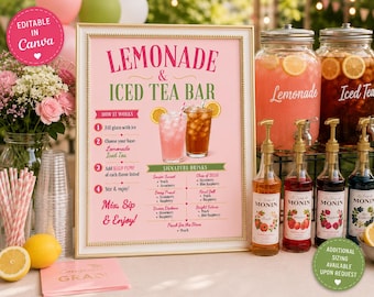 Plantilla de letrero para barra de limonada y té helado, letrero para bebidas de fiesta, decoración de graduación editable, descarga digital