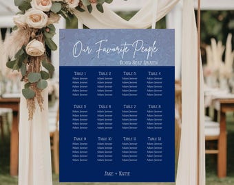 Plantilla de plano de asientos para bodas en azul marino, editable en Canva (descarga instantánea)