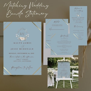 Könnte beinhalten: Ein Set passender Hochzeitspapeterie in Blau und Gold. Die Kollektion umfasst Einladungen, RSVP-Karten, Zeremoniedetails und ein Willkommensschild. Das Design zeigt florale Akzente und elegante Typografie.