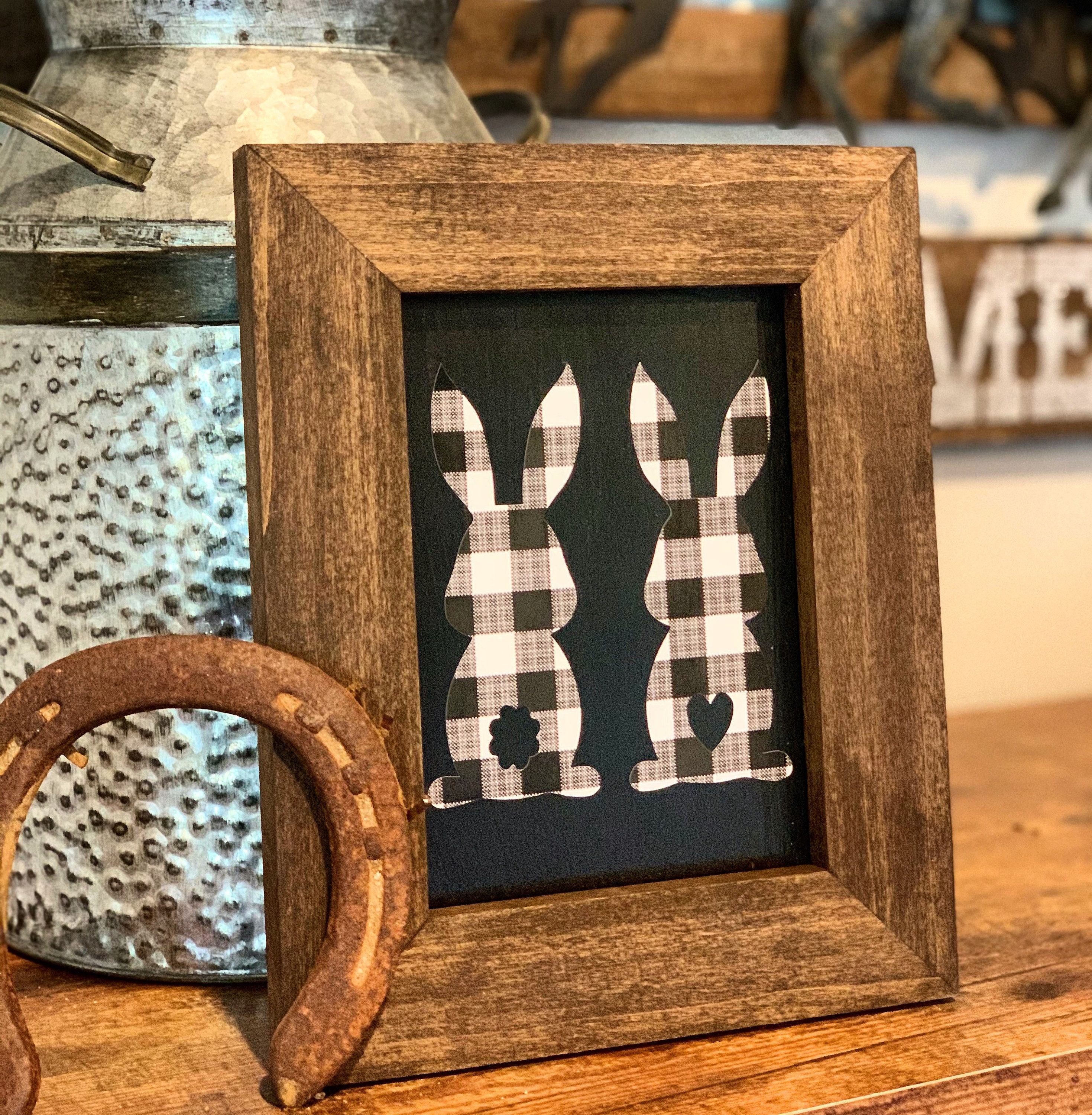 Black and White Checkered Bunnies Easter Decor Wooden Sign Etsy