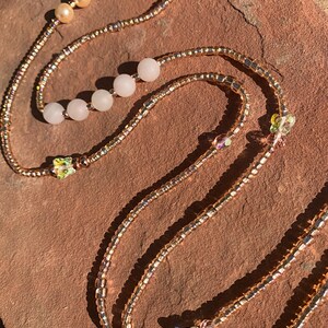 Rose gold tie on waist bead accented with natural Rose quartz,Pearls, and Swarovski butterflies