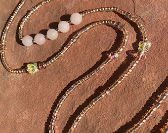 Rose gold tie on waist bead accented with natural Rose quartz,Pearls, and Swarovski butterflies