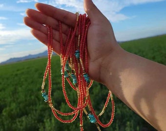Golden Fusia waist beads with Larimar (Tie on)