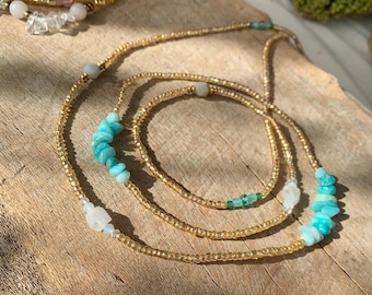 Aquamarine, Moonstone and Opal Waist Beads, (Ocean Energy in Gold)