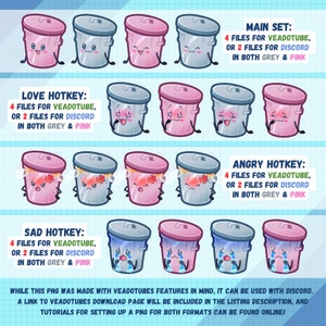 May include: A set of 12 digital illustrations of a cartoon trash can with different facial expressions. The trash cans are in pink and grey colors. The text on the image reads: "Love Hotkey: 4 files for Veadotube, or 2 files for Discord in both grey & pink", "Sad Hotkey: 4 files for Veadotube, or 2 files for Discord in both grey & pink", "Main Set: 4 files for Veadotube, or 2 files for Discord in both grey & pink", "Angry Hotkey: 4 files for Veadotube, or 2 files for Discord in both grey & pink".