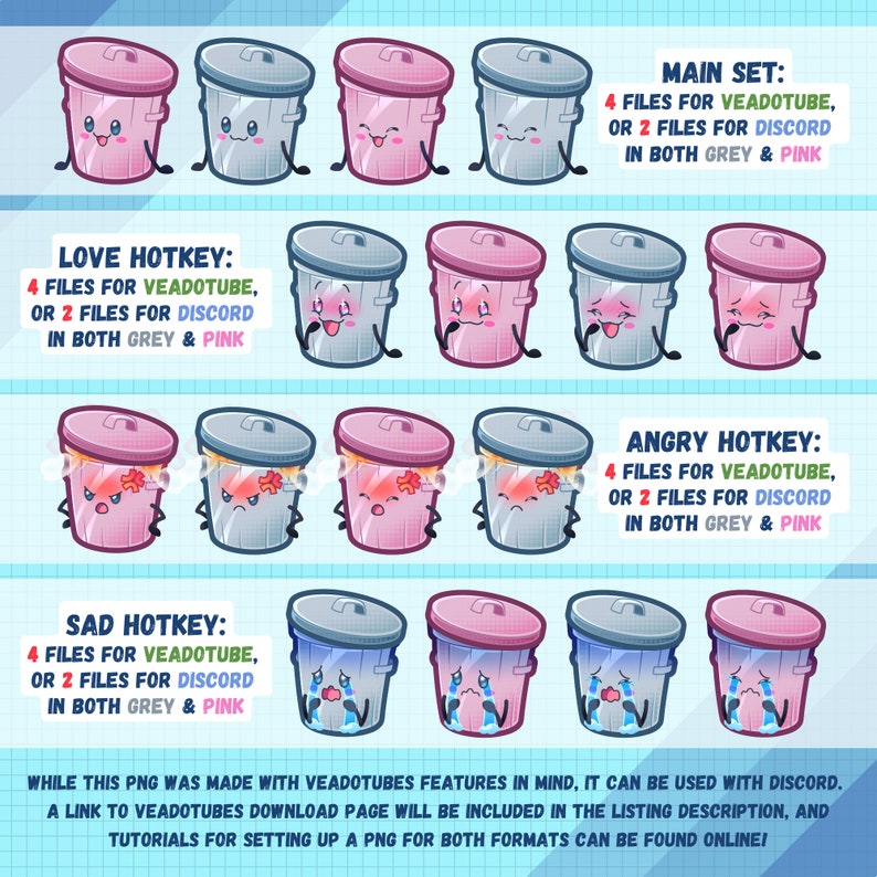 May include: A set of 12 digital illustrations of a cartoon trash can with different facial expressions. The trash cans are in pink and grey colors. The text on the image reads: "Love Hotkey: 4 files for Veadotube, or 2 files for Discord in both grey & pink", "Sad Hotkey: 4 files for Veadotube, or 2 files for Discord in both grey & pink", "Main Set: 4 files for Veadotube, or 2 files for Discord in both grey & pink", "Angry Hotkey: 4 files for Veadotube, or 2 files for Discord in both grey & pink".
