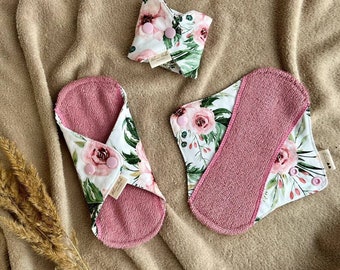 Reusable period cloth pad - Floral print and pink organic BAMBOO, Menstruation cloth pads - 7 sizes available, Zero waste women gift