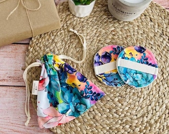 Organic Bamboo Cotton Makeup Remover Pads with Floral Storage Bag