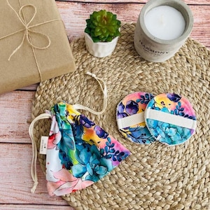 Organic Bamboo Cotton Makeup Remover Pads with Floral Storage Bag