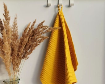Toalla de cocina de algodón orgánico con diseño de gofre: amarillo mostaza, personalizada.