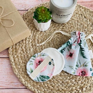 Discos faciales de algodón de bambú orgánico con bolsa de almacenamiento con diseño floral