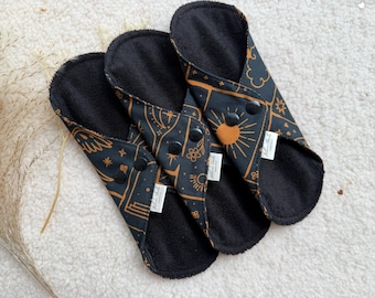 Reusable Cloth Pads SET of 3, Organic cotton and bamboo, Black Sanitary Pads