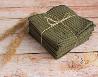 Moss Green Organic Cotton Waffle Unpaper Towels: Reusable Kitchen Wipes