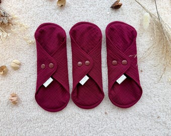 Organic Cotton Cloth Pad, Reusable Menstrual Pads, Zero Waste, Wine red muslin