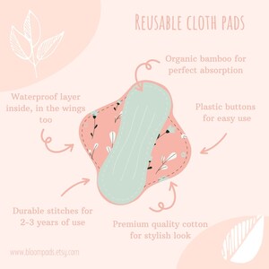 May include: Reusable cloth pads with a floral print. The pads feature a waterproof layer, durable stitching, and plastic buttons for easy use. They are made with organic bamboo for absorption and premium quality cotton for a stylish look.