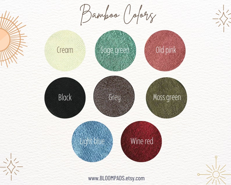 May include: A chart displaying ten different bamboo colours: cream, sage green, old pink, black, grey, moss green, light blue, wine red. The text "Bamboo Colors" is at the top of the chart.