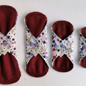 4 Pack Organic Cloth Pads, STARTER PACK, Reusable leakproof Menstrual Sanitary Heavy Napkins, Purple flowers, ZERO waste period