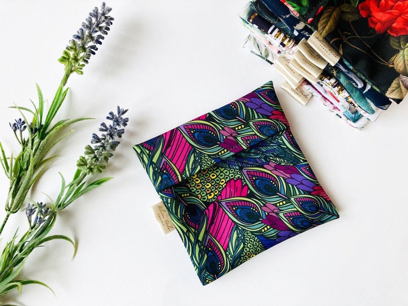 Floral Wet Bag for Cloth Pads, Nursing pad bag, ZERO WASTE gift, Christmas gift Gift for new Mom or Teenager Girls, Gift under 15 6 Peacock feather