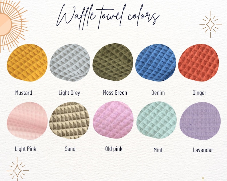 May include: Waffle weave towels in ten different colors: mustard, light grey, moss green, denim, ginger, light pink, sand, old pink, mint, and lavender.