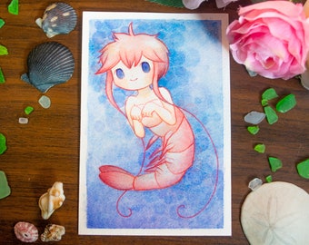 Shrimp Mermaid Original Watercolor Painting