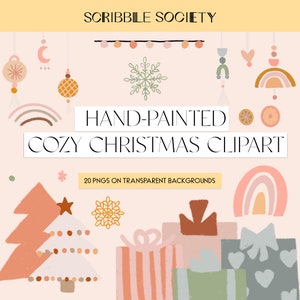 Hand Drawn Cozy Whimsical Christmas Holiday Clip Art Pack | Pastel Trees, Hot Cocoa, Ornaments, Snowflakes