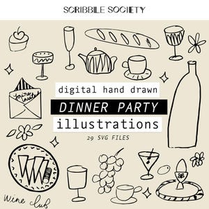 Ilustraciones SVG de cenas y clubes de vinos dibujadas a mano en formato digital / Scribble Society