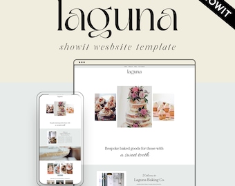 Può includere: Un modello di design di sito web per una panetteria chiamata Laguna Baking Co. Il sito web presenta immagini di torte, cupcake e un interno di panetteria. Il testo sul sito web recita "Prodotti da forno su misura per coloro che hanno un debole per il dolce." e "Benvenuti a Laguna Baking Co."