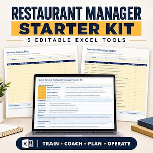 Puede incluir: Un kit de inicio para gerente de restaurante digital con cinco herramientas de Excel editables. La pantalla muestra un libro de trabajo con planes de capacitación y listas de verificación. Texto: RESTAURANT MANAGER STARTER KIT.