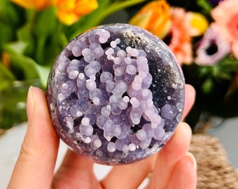 Grade AAA Natural Purple Grape Agate  Sphere on Stand from Indonesia 280g, Healing Crystal Home Decor
