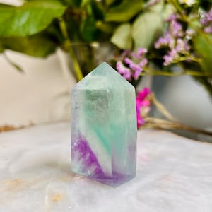 Grade AAA Rainbow Fluorite Tower, Green Purple Fluorite, Gem Quality, Healing Crystal Home Decor 65g