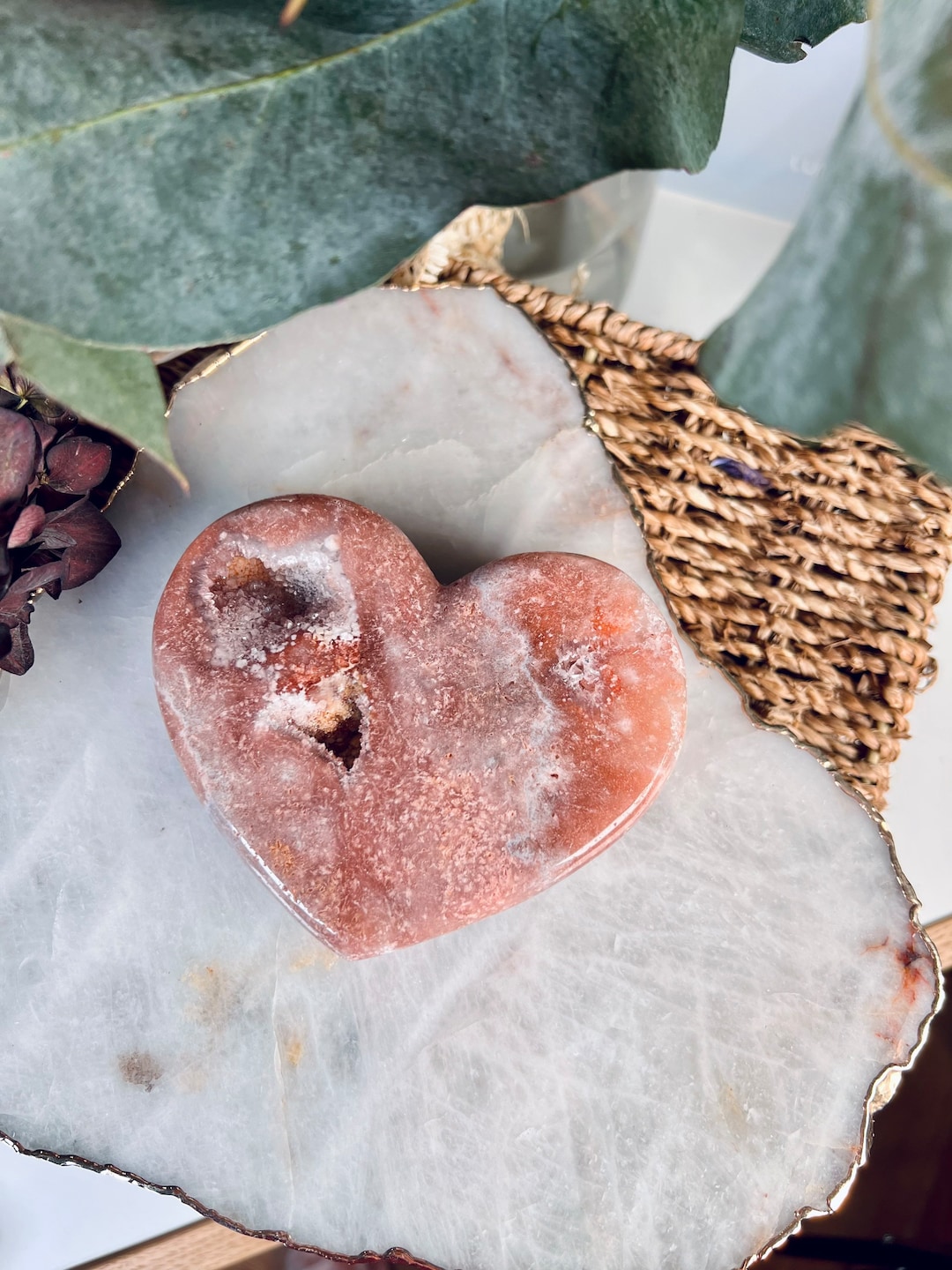 Grade Aaa Natural Pink Amethyst Heart With Geode Druzy And Hematite 